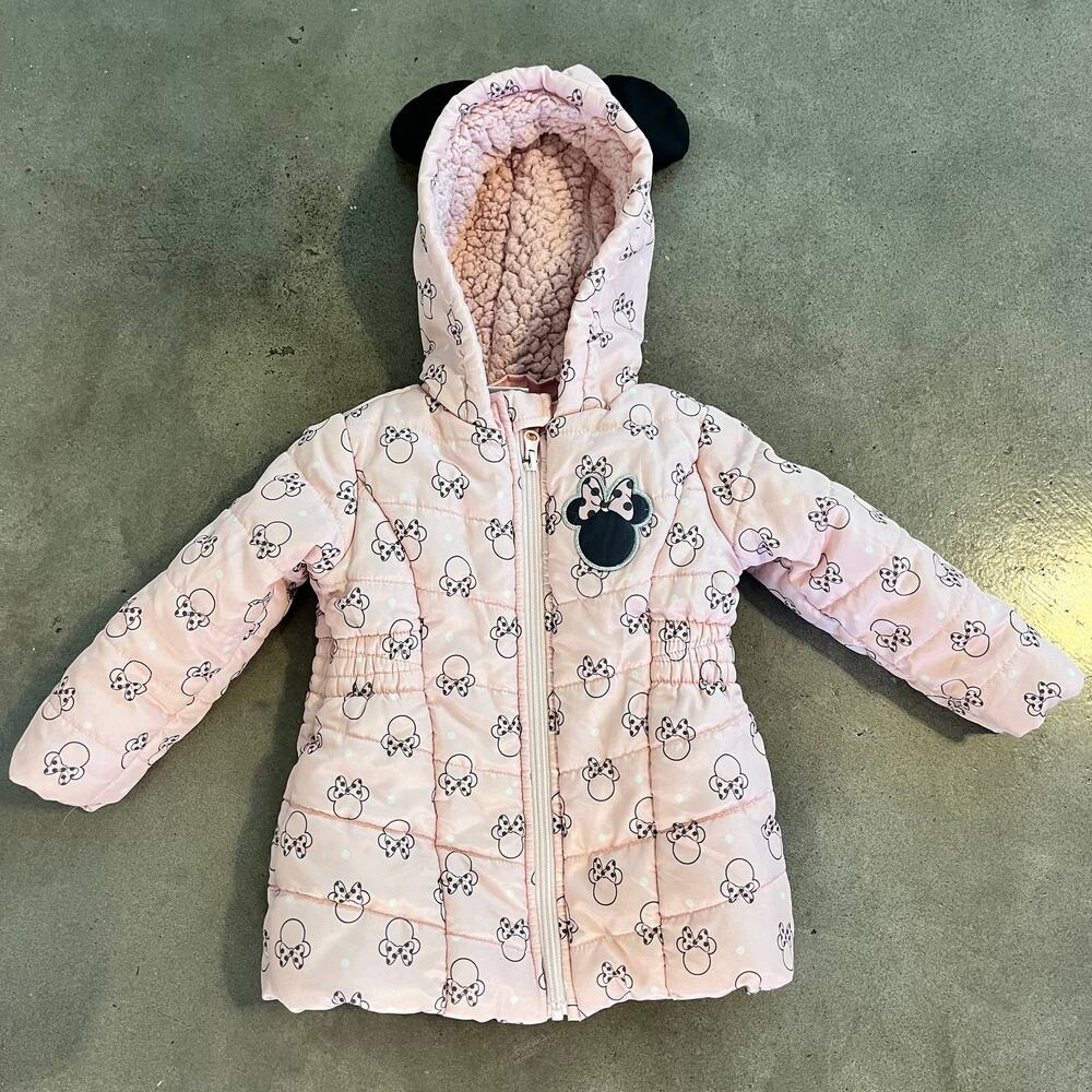 Disney Minnie Mouse Pink Gray Sherpa lined puffer jacket winter toddler girls 2T